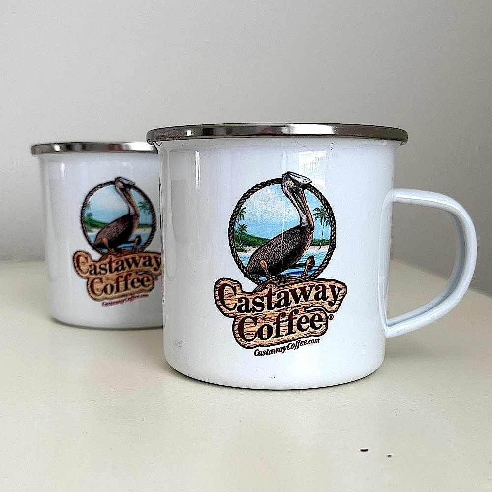 2 Castaway Coffee Camp Coffee Mugs camper mugs cups Pelican White tin cups NWOT